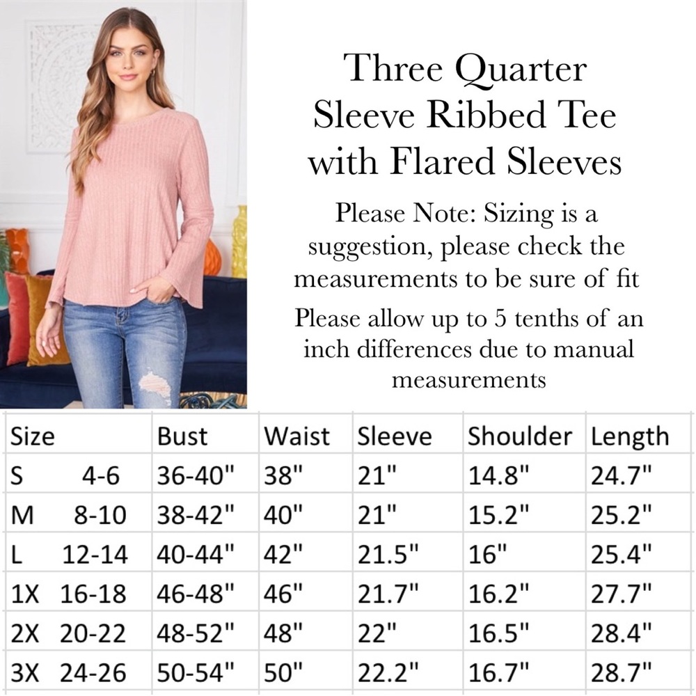 Blush Pink Three Quarter Sleeve Ribbed Tee with Flared Sleeves - Picture 16 of 16